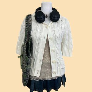 y2k cream girly preppy granola cable knit short sleeve hooded cardigan